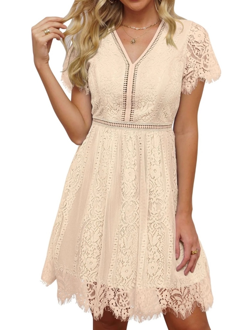 SHORT SLEEVE V NECK FLORAL LACE DRESS